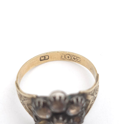 10ct Yellow Gold Antique White Paste Stone Cluster With Engraved Shoulders Ring