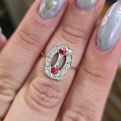 9ct Yellow Gold And Silver Antique / Vintage Pink And White Paste Stone Ring