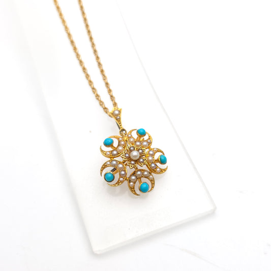 15ct Yellow Gold Antique Turquoise and Pearl Pendant / Brooch & Chain Necklace