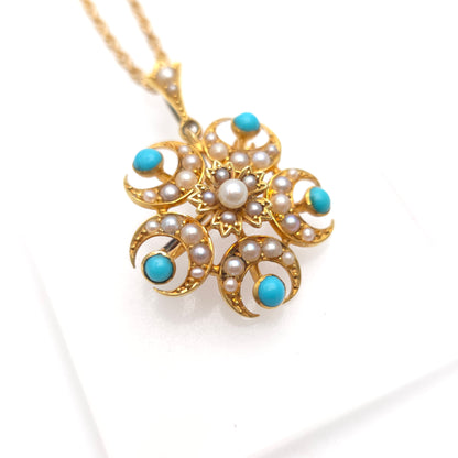 15ct Yellow Gold Antique Turquoise and Pearl Pendant / Brooch & Chain Necklace