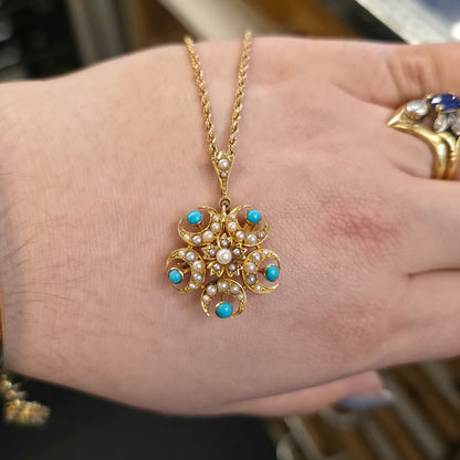 15ct Yellow Gold Antique Turquoise and Pearl Pendant / Brooch & Chain Necklace