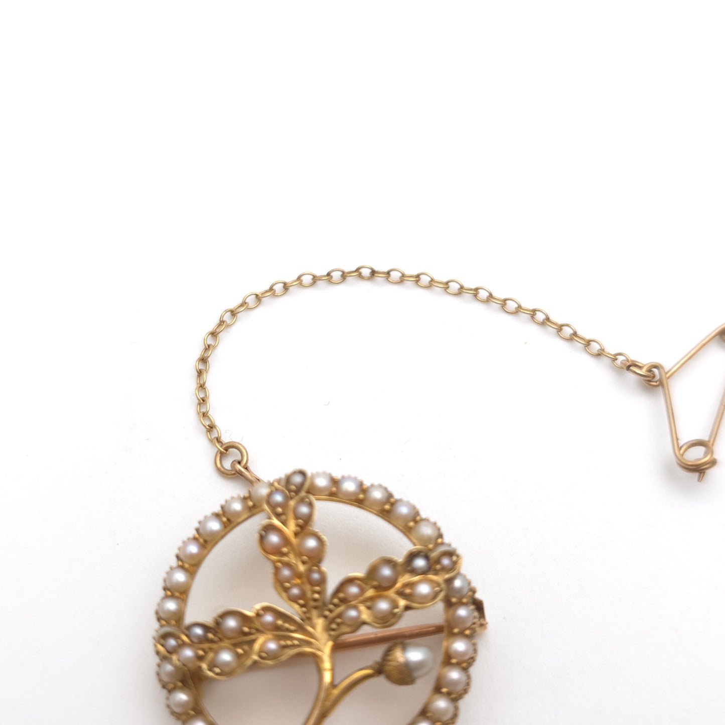 15ct Yellow Gold Antique Pearl Set Oak Leaf & Acorn Brooch With Safety Chain