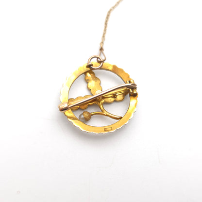 15ct Yellow Gold Antique Pearl Set Oak Leaf & Acorn Brooch With Safety Chain