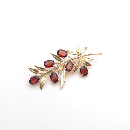 9ct Yellow Gold Vintage Garnet Set Leafy Branch Brooch
