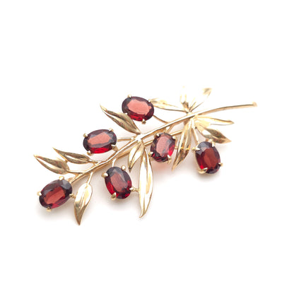 9ct Yellow Gold Vintage Garnet Set Leafy Branch Brooch
