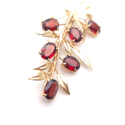 9ct Yellow Gold Vintage Garnet Set Leafy Branch Brooch