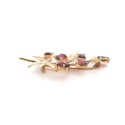 9ct Yellow Gold Vintage Garnet Set Leafy Branch Brooch