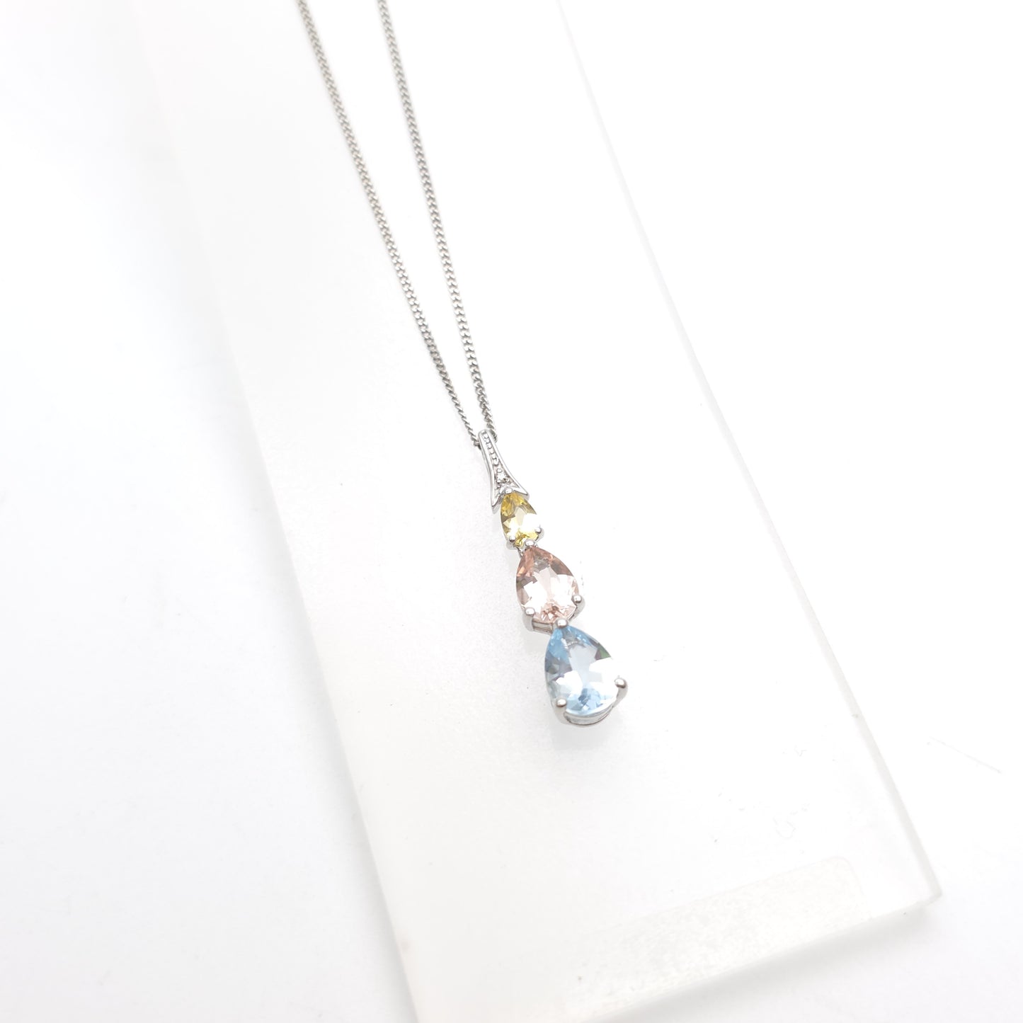 9ct White Gold Aquamarine, Morganite, Heliodor and Diamond Pastel Tone Necklace