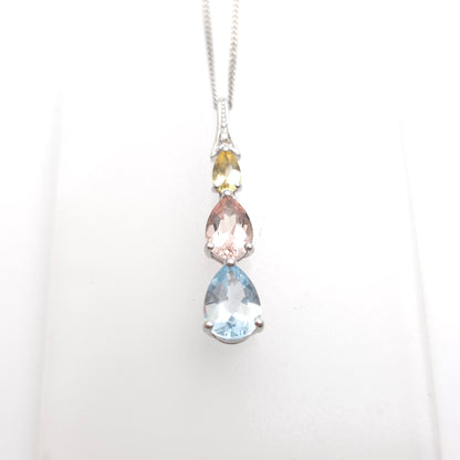 9ct White Gold Aquamarine, Morganite, Heliodor and Diamond Pastel Tone Necklace