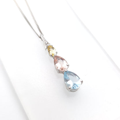 9ct White Gold Aquamarine, Morganite, Heliodor and Diamond Pastel Tone Necklace