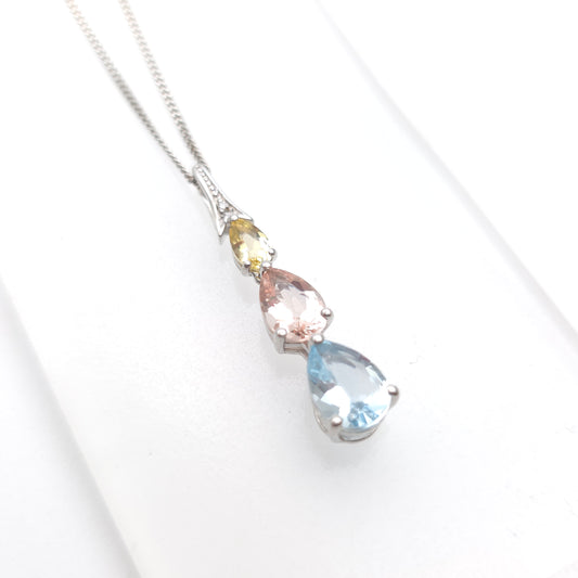 9ct White Gold Aquamarine, Morganite, Heliodor and Diamond Pastel Tone Necklace