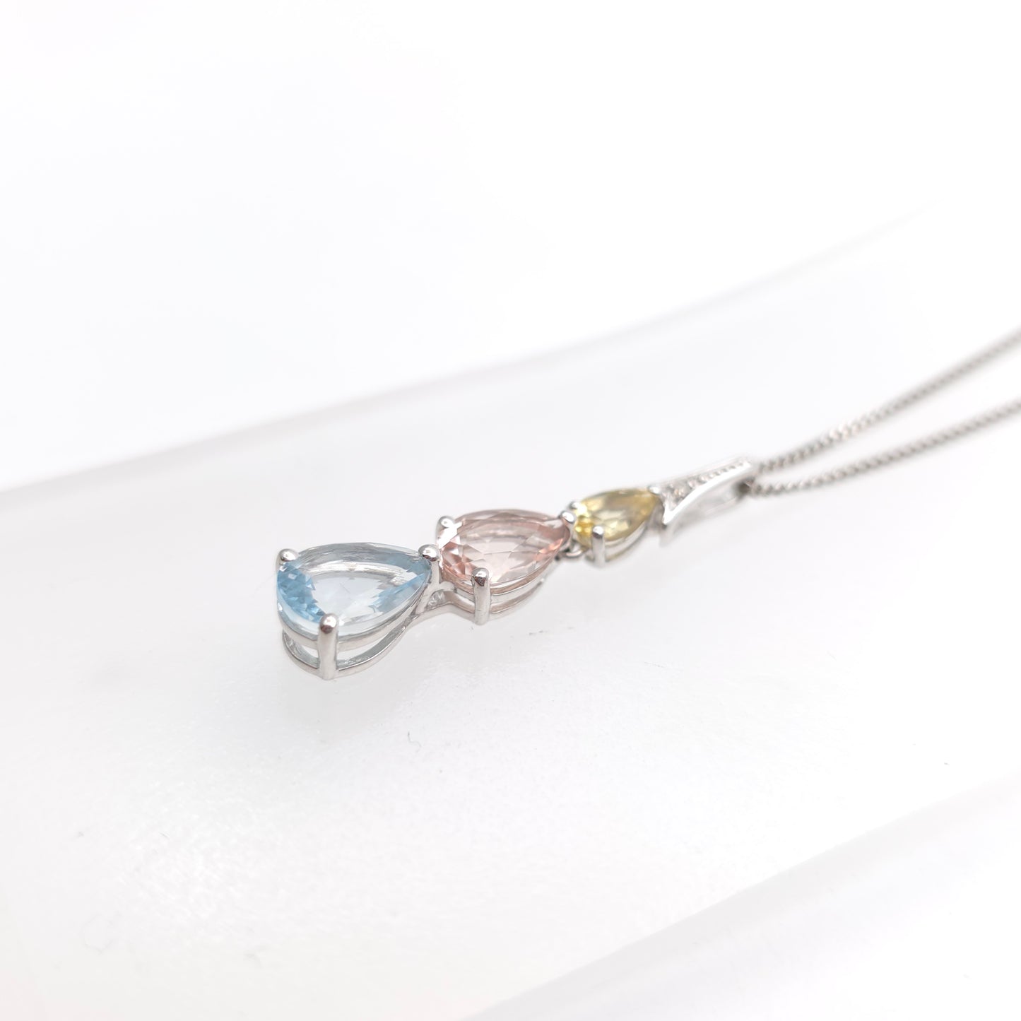 9ct White Gold Aquamarine, Morganite, Heliodor and Diamond Pastel Tone Necklace