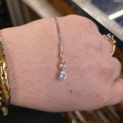 9ct White Gold Aquamarine, Morganite, Heliodor and Diamond Pastel Tone Necklace