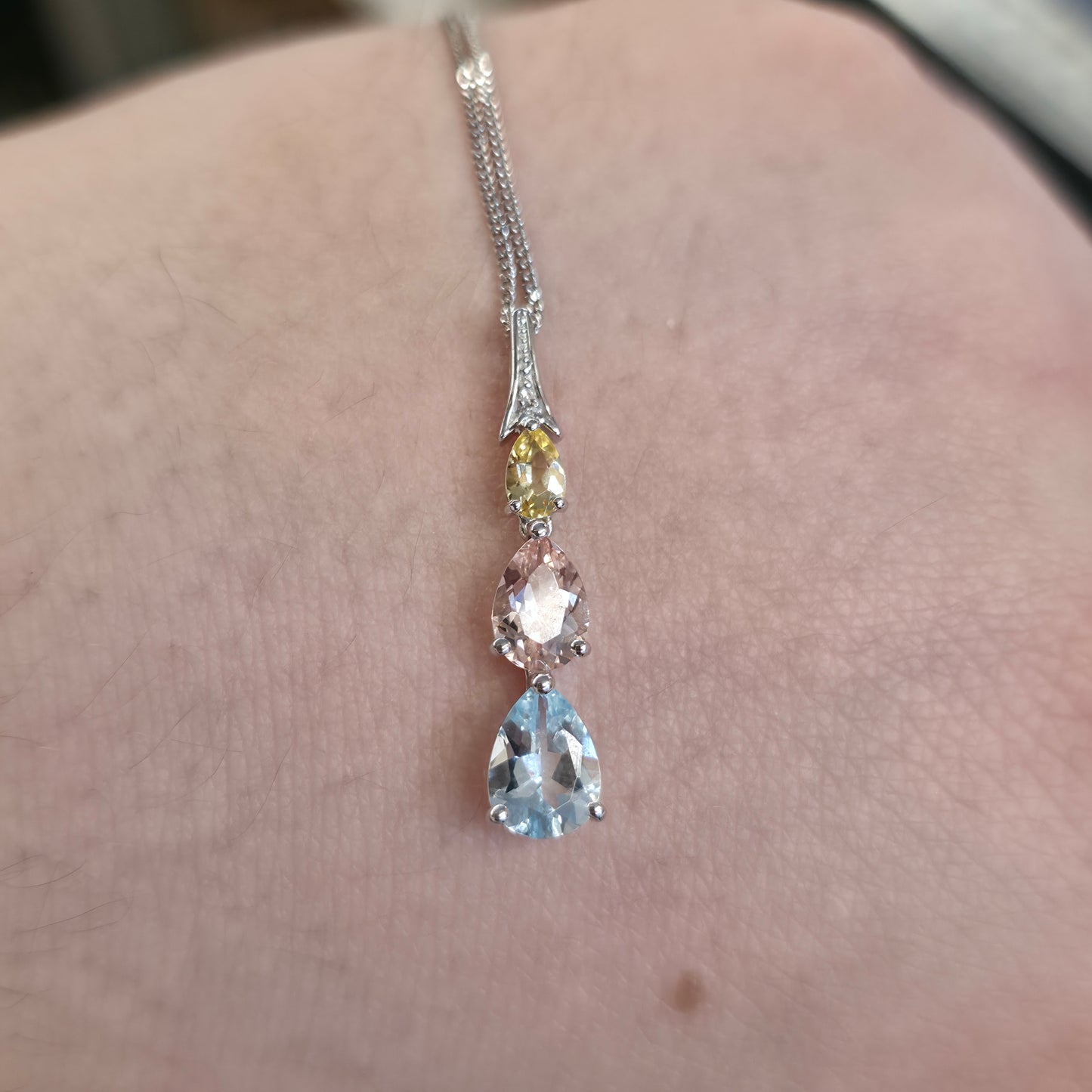 9ct White Gold Aquamarine, Morganite, Heliodor and Diamond Pastel Tone Necklace
