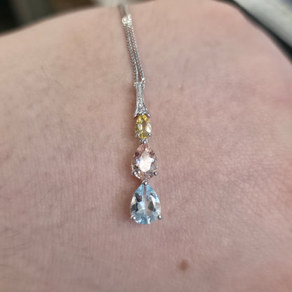 9ct White Gold Aquamarine, Morganite, Heliodor and Diamond Pastel Tone Necklace