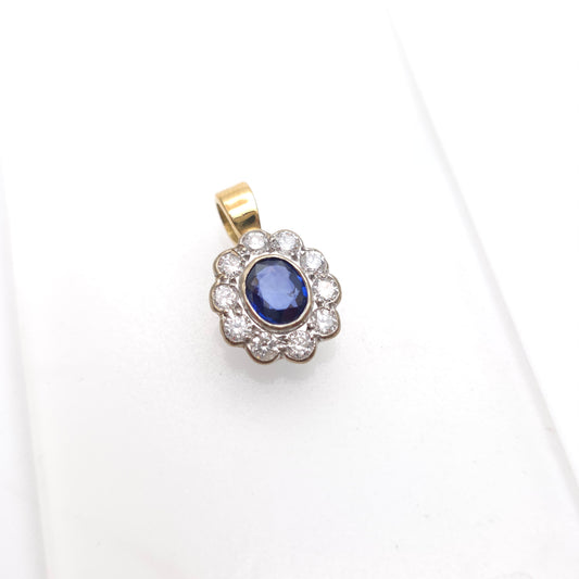 18ct Yellow And White Gold Blue Sapphire + Diamond Oval Cluster Pendant Piece