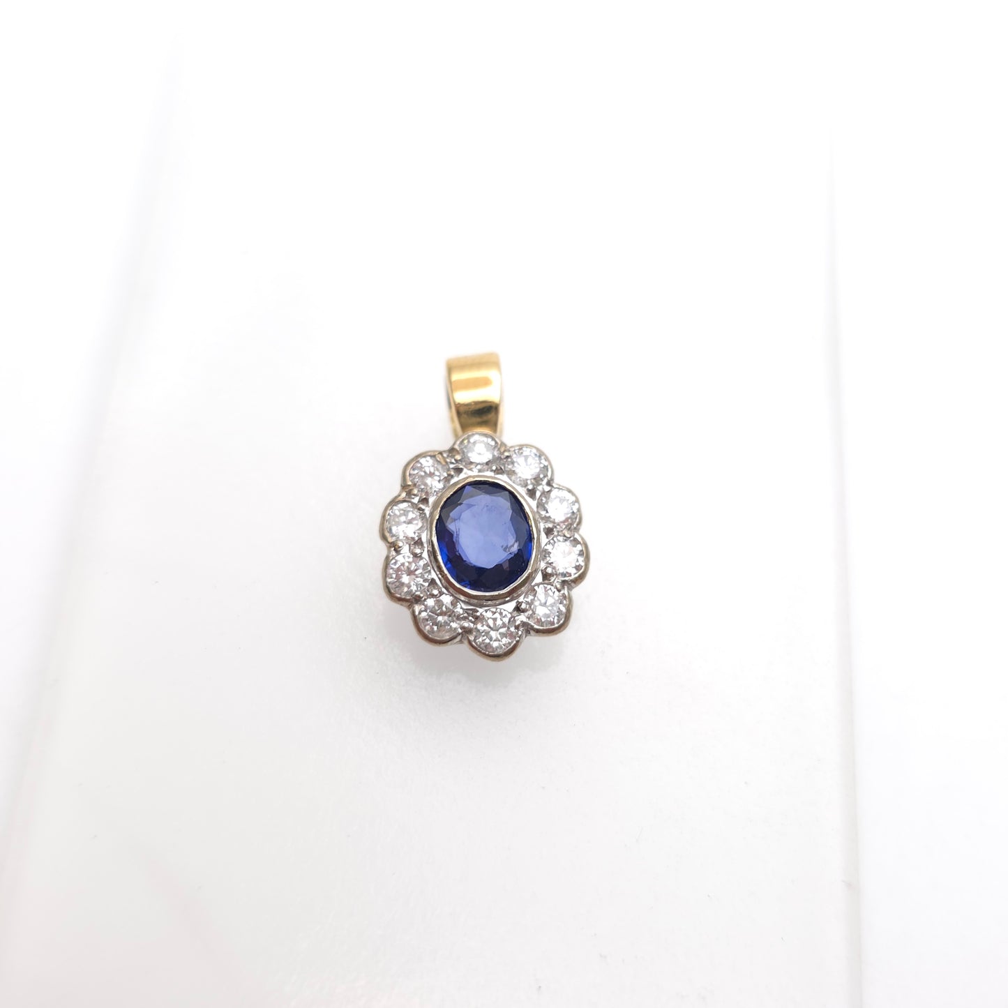 18ct Yellow And White Gold Blue Sapphire + Diamond Oval Cluster Pendant Piece