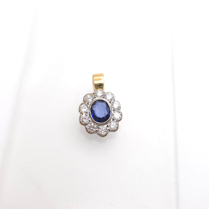 18ct Yellow And White Gold Blue Sapphire + Diamond Oval Cluster Pendant Piece