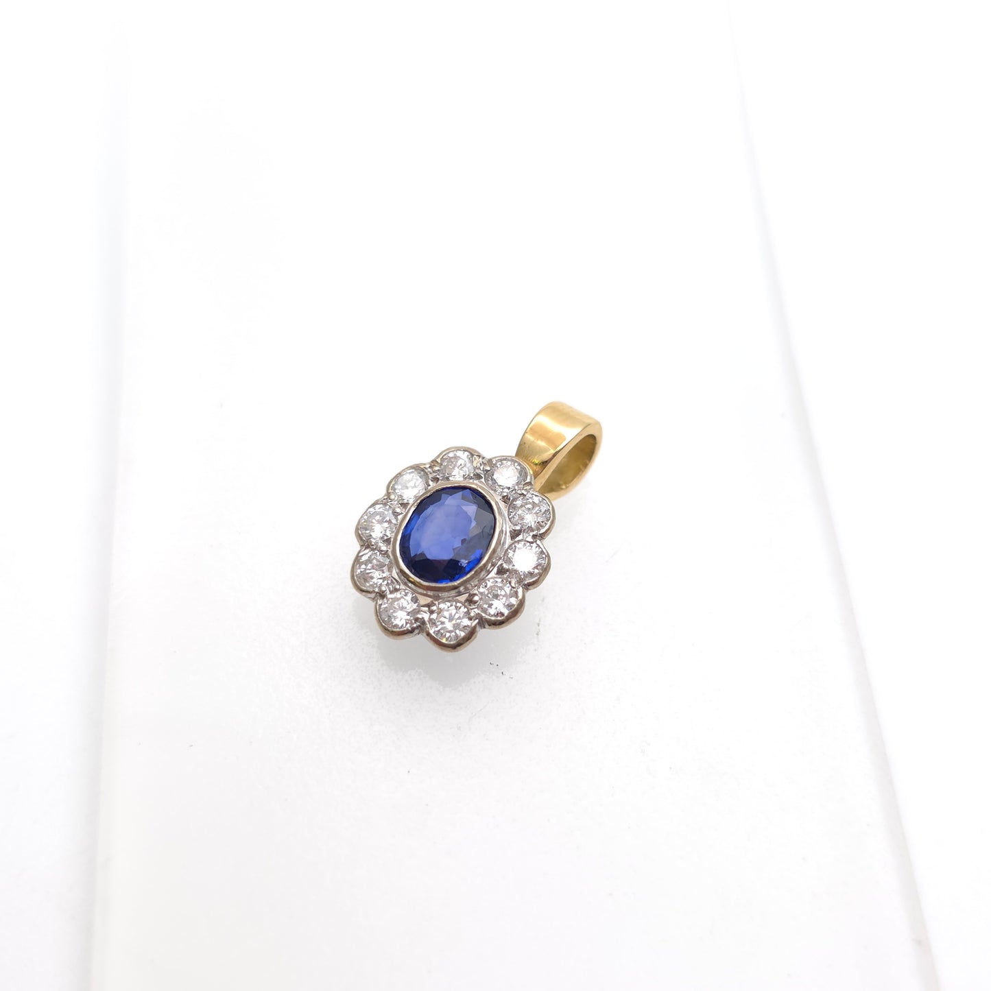 18ct Yellow And White Gold Blue Sapphire + Diamond Oval Cluster Pendant Piece