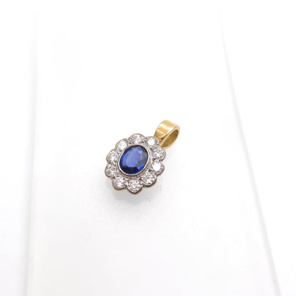 18ct Yellow And White Gold Blue Sapphire + Diamond Oval Cluster Pendant Piece