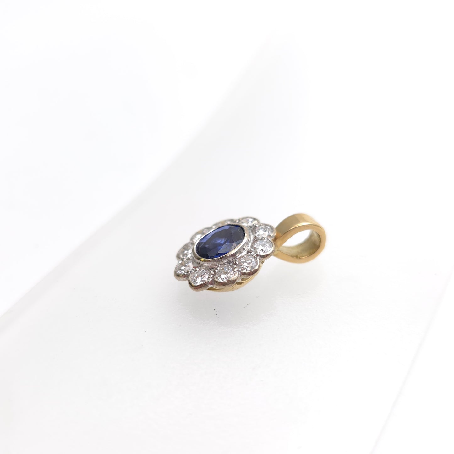 18ct Yellow And White Gold Blue Sapphire + Diamond Oval Cluster Pendant Piece