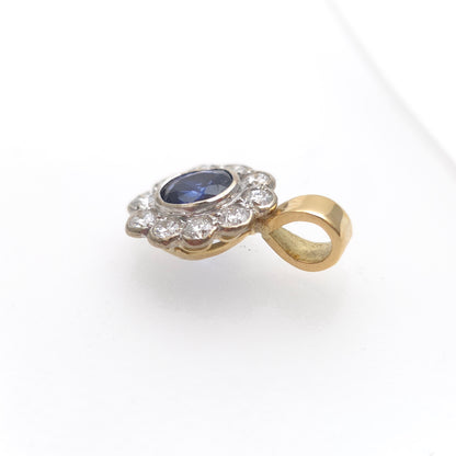 18ct Yellow And White Gold Blue Sapphire + Diamond Oval Cluster Pendant Piece