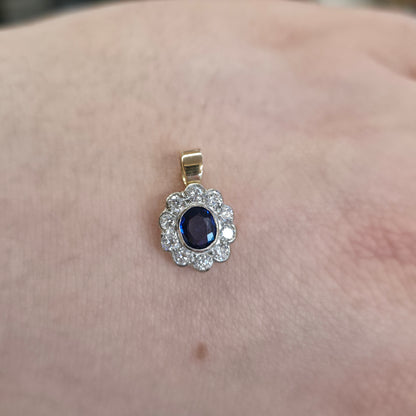 18ct Yellow And White Gold Blue Sapphire + Diamond Oval Cluster Pendant Piece