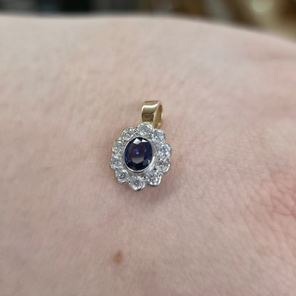 18ct Yellow And White Gold Blue Sapphire + Diamond Oval Cluster Pendant Piece