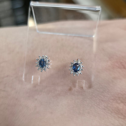 9ct Yellow Gold And White Gold Small Sapphire And Diamond Cluster Stud Earrings