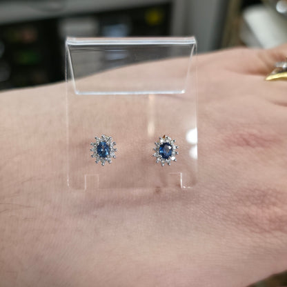 9ct Yellow Gold And White Gold Small Sapphire And Diamond Cluster Stud Earrings