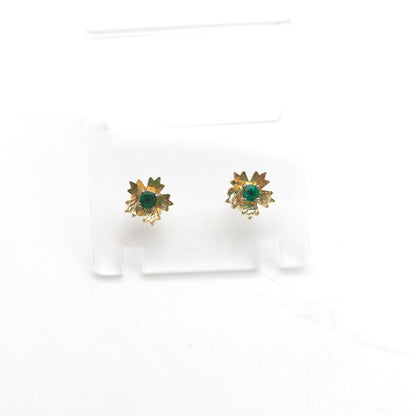 18ct Yellow Gold Vintage Emerald Solitaire Set Flower Stud Earrings