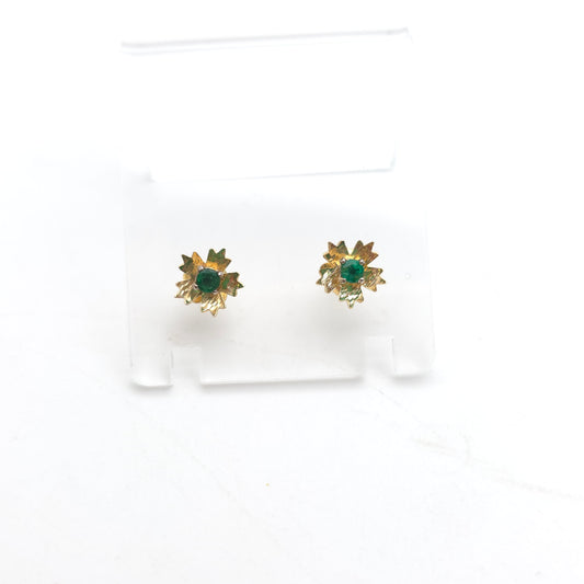 18ct Yellow Gold Vintage Emerald Solitaire Set Flower Stud Earrings