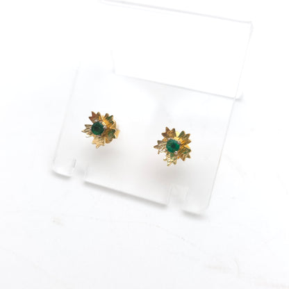 18ct Yellow Gold Vintage Emerald Solitaire Set Flower Stud Earrings