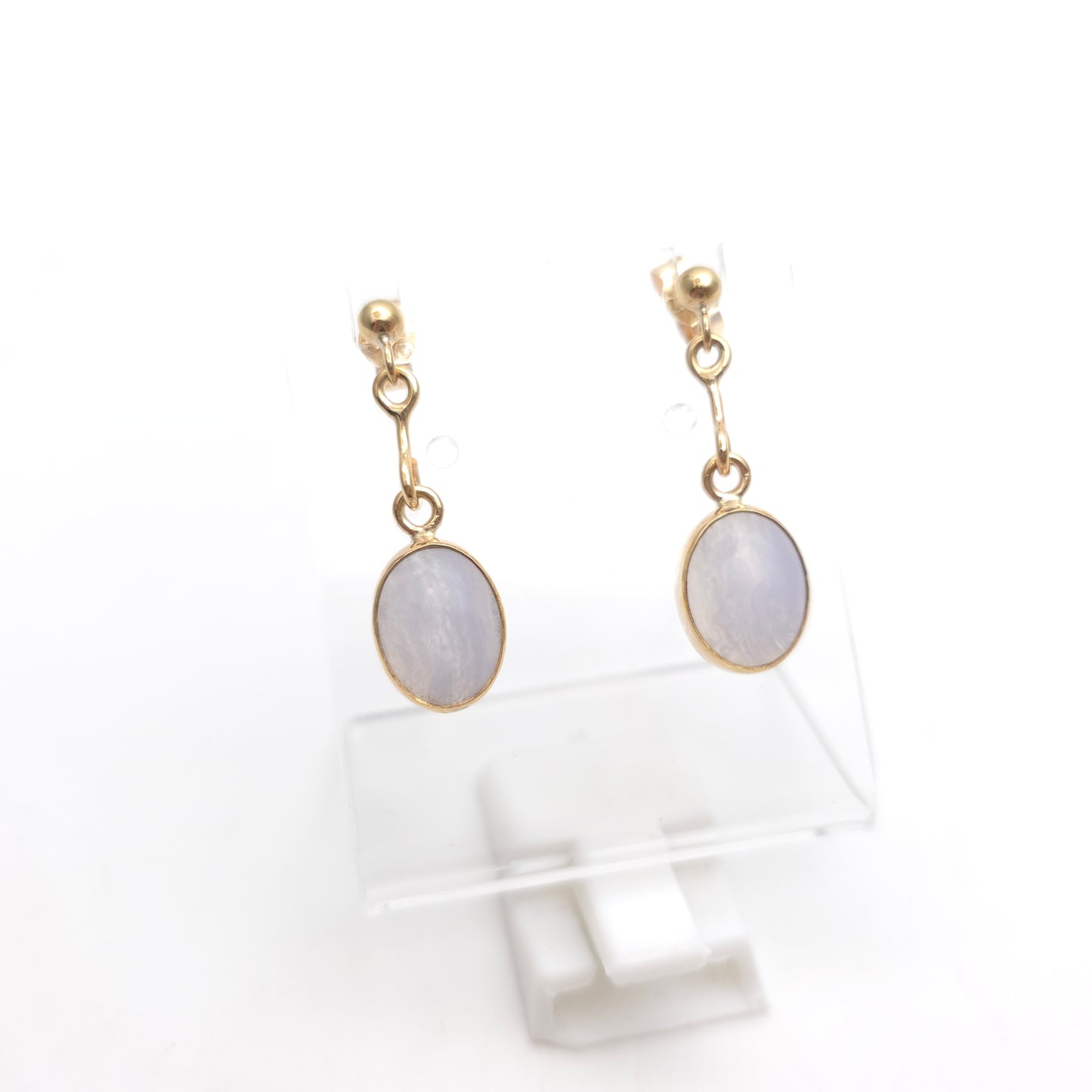 9ct Yellow Gold Vintage Blue Lace Agate Oval Cabochon Drop Earrings
