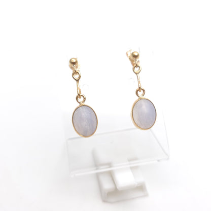 9ct Yellow Gold Vintage Blue Lace Agate Oval Cabochon Drop Earrings