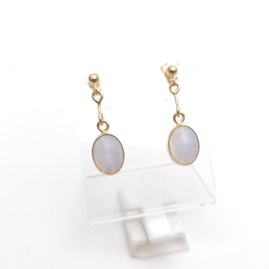 9ct Yellow Gold Vintage Blue Lace Agate Oval Cabochon Drop Earrings