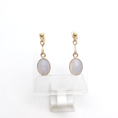 9ct Yellow Gold Vintage Blue Lace Agate Oval Cabochon Drop Earrings