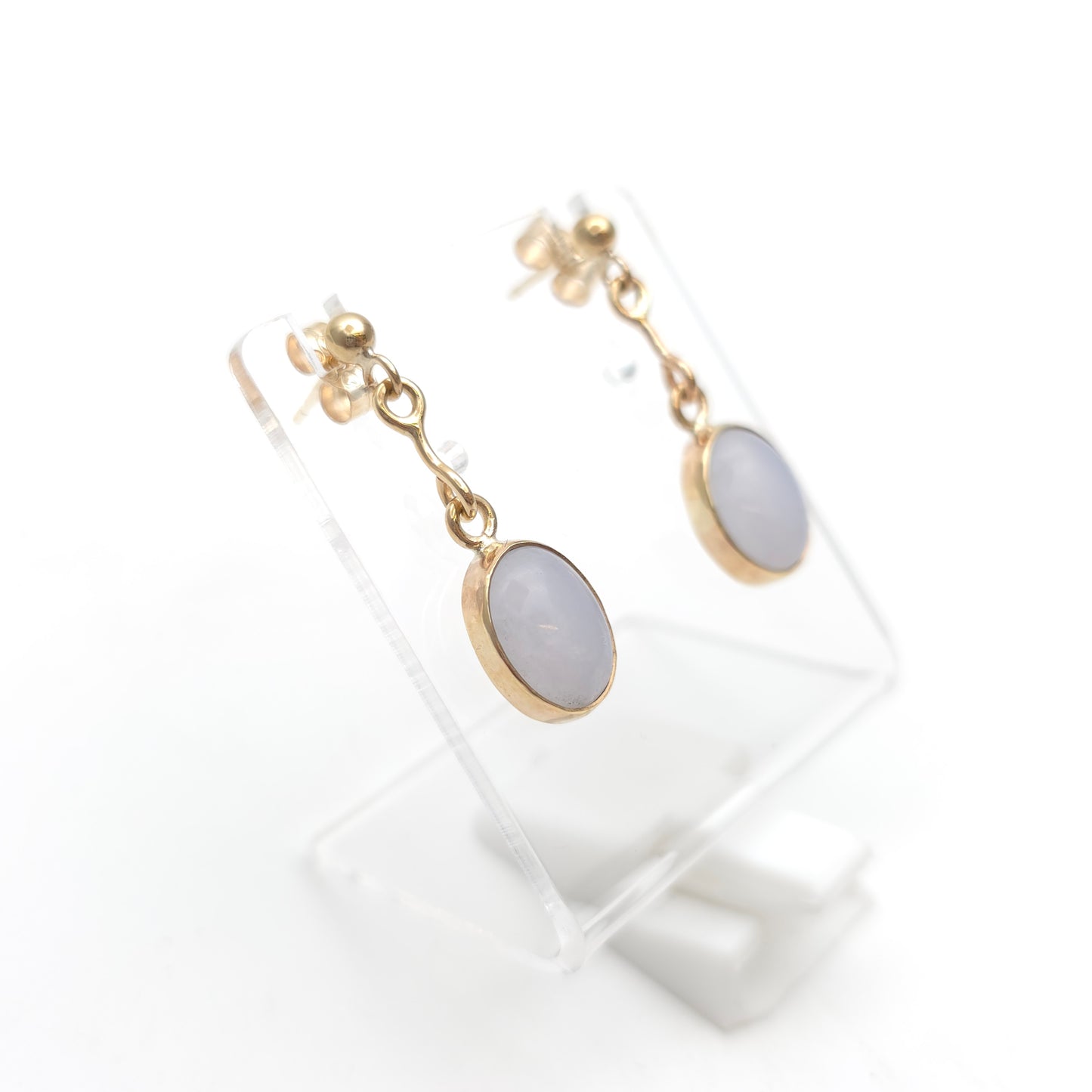 9ct Yellow Gold Vintage Blue Lace Agate Oval Cabochon Drop Earrings
