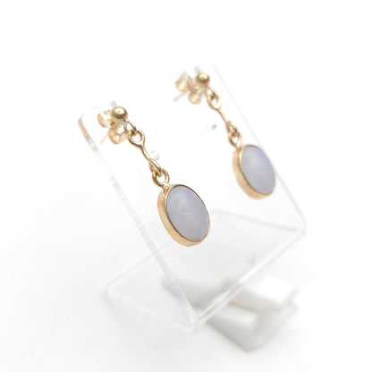 9ct Yellow Gold Vintage Blue Lace Agate Oval Cabochon Drop Earrings