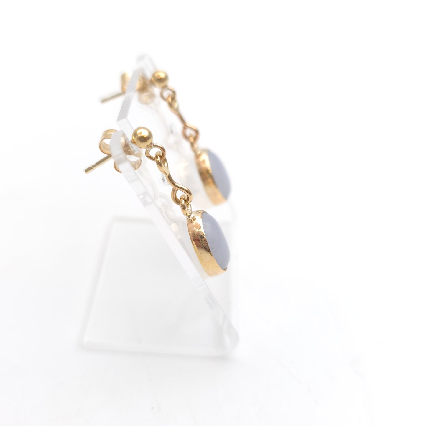 9ct Yellow Gold Vintage Blue Lace Agate Oval Cabochon Drop Earrings