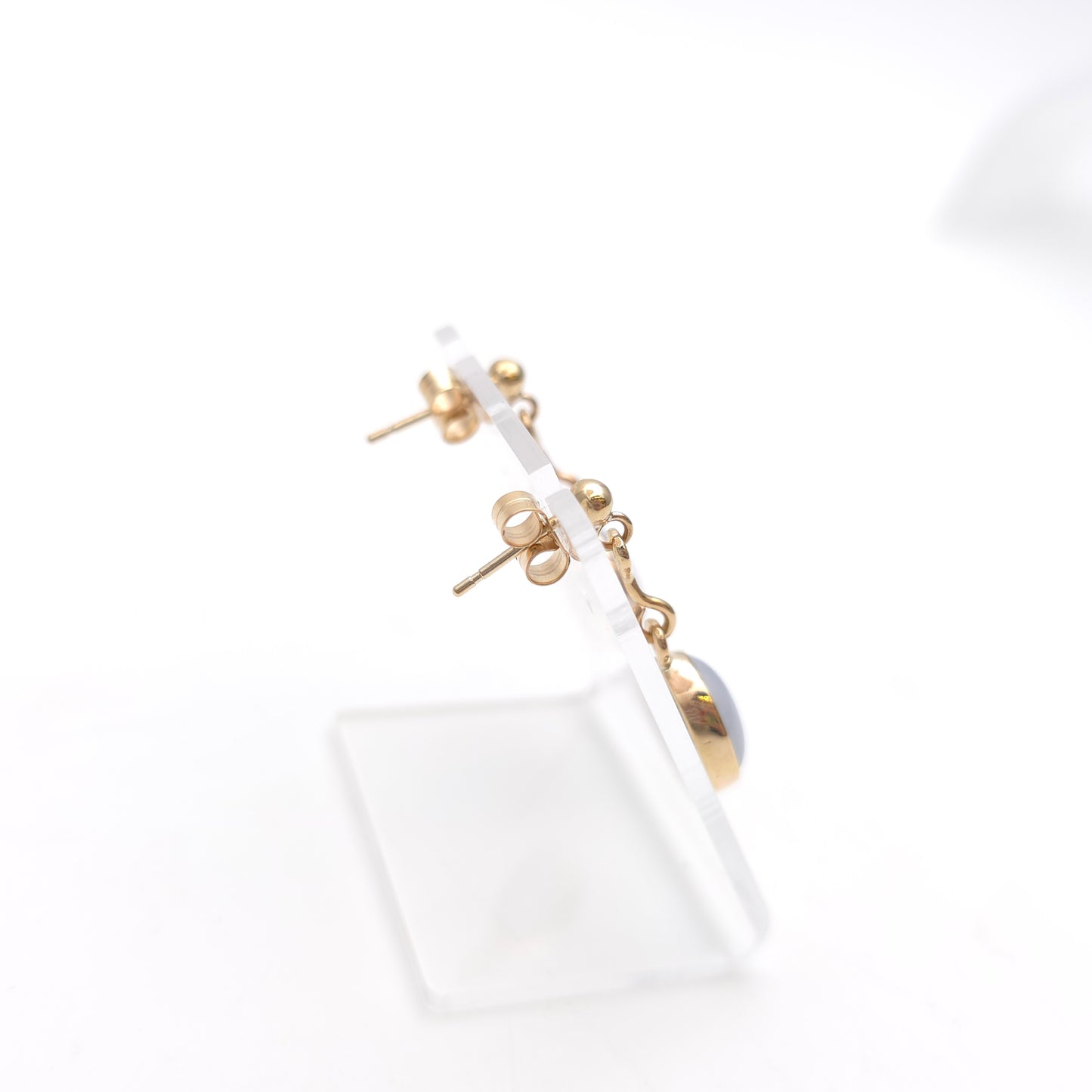 9ct Yellow Gold Vintage Blue Lace Agate Oval Cabochon Drop Earrings