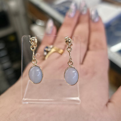 9ct Yellow Gold Vintage Blue Lace Agate Oval Cabochon Drop Earrings