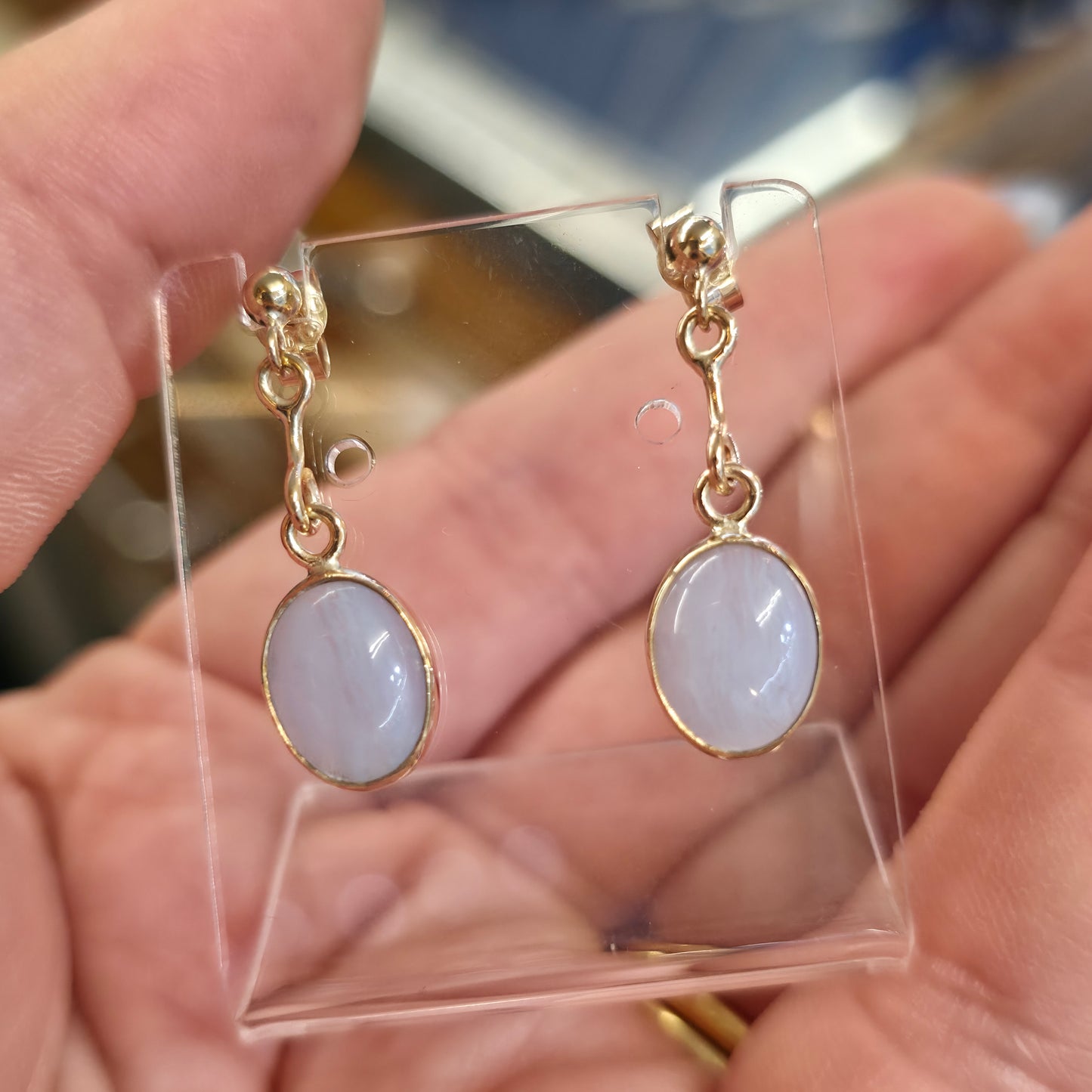 9ct Yellow Gold Vintage Blue Lace Agate Oval Cabochon Drop Earrings