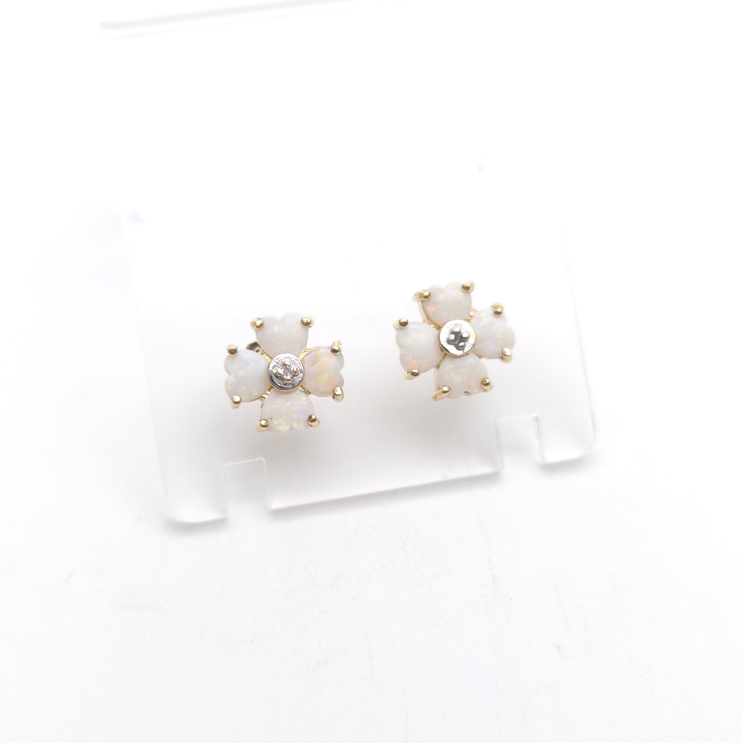 9ct Yellow Gold Vintage White Opal and Diamond Clover Flower Stud Earrings