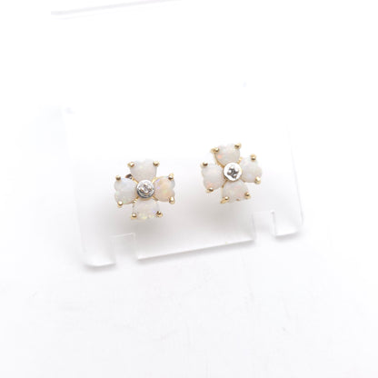 9ct Yellow Gold Vintage White Opal and Diamond Clover Flower Stud Earrings