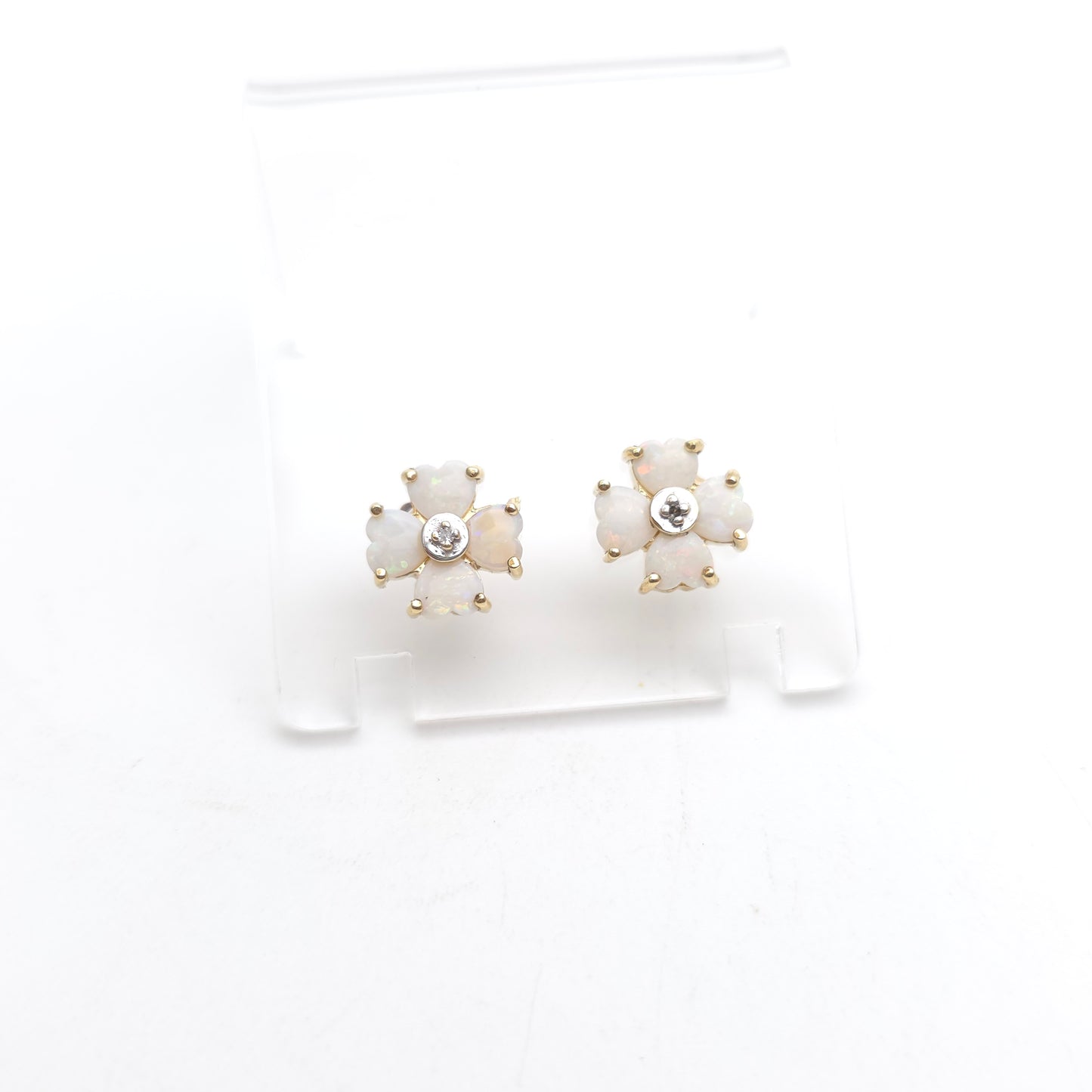 9ct Yellow Gold Vintage White Opal and Diamond Clover Flower Stud Earrings