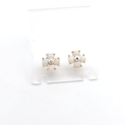 9ct Yellow Gold Vintage White Opal and Diamond Clover Flower Stud Earrings