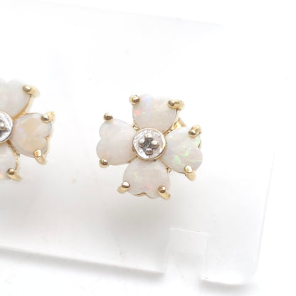 9ct Yellow Gold Vintage White Opal and Diamond Clover Flower Stud Earrings