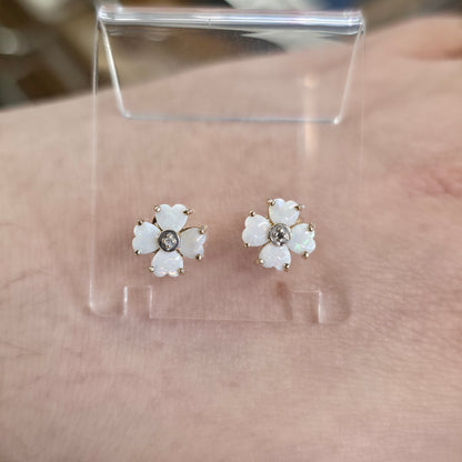 9ct Yellow Gold Vintage White Opal and Diamond Clover Flower Stud Earrings