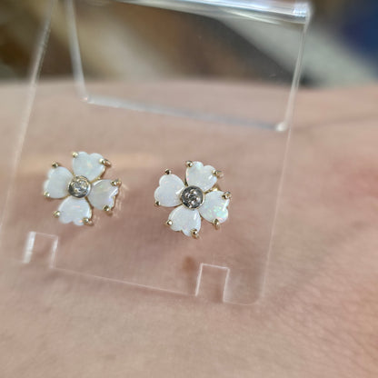 9ct Yellow Gold Vintage White Opal and Diamond Clover Flower Stud Earrings